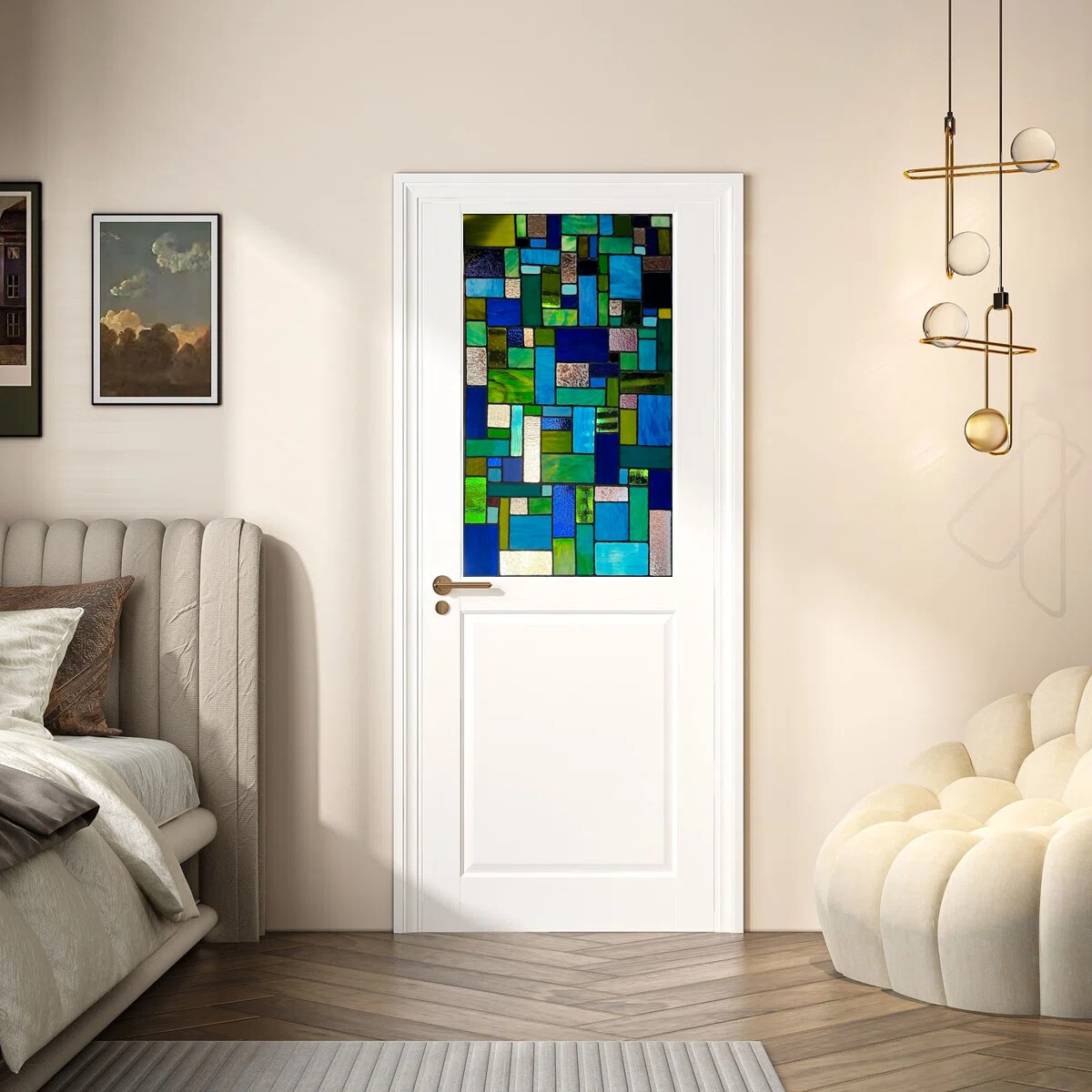 Geometric stained glass half-lite door insert in a bedroom