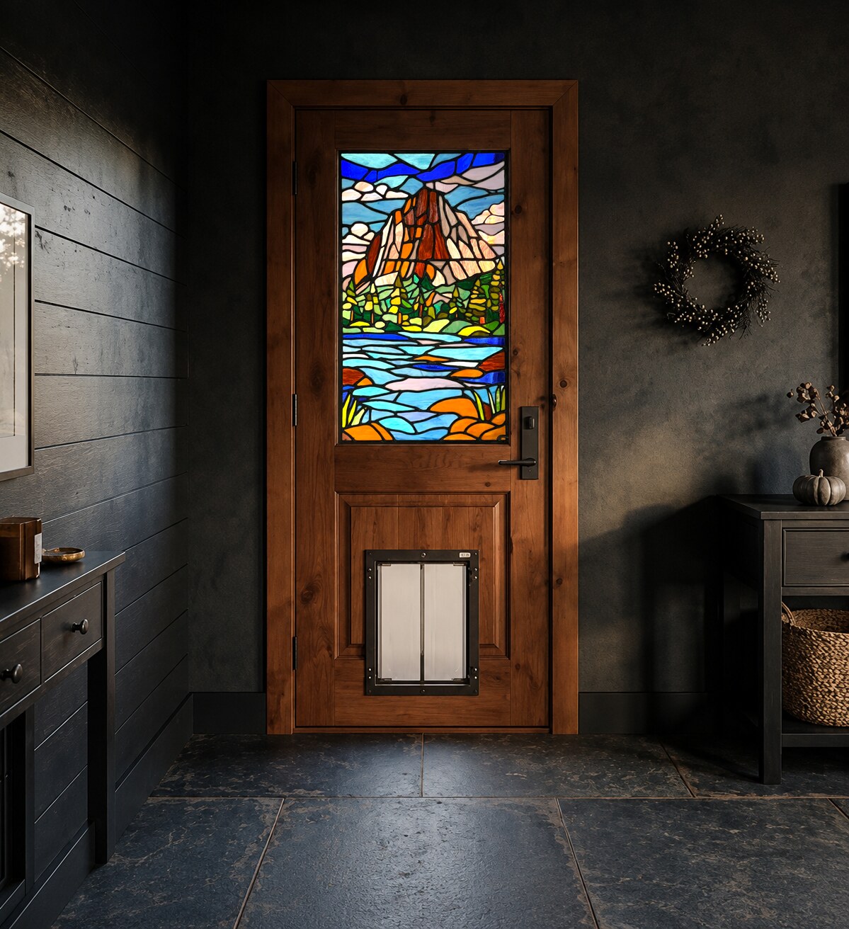 Mountain and lake stained glass half-lite door insert in a mudroom