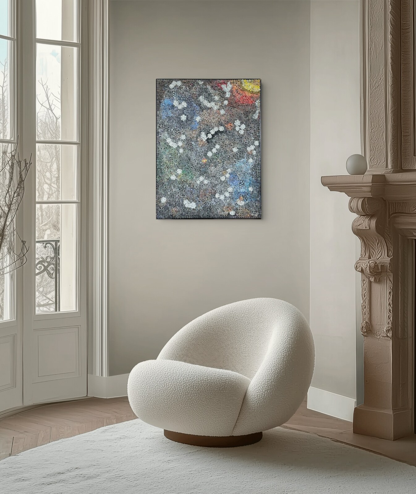 Rendering of Effervescence hung in a Parisian-style living room corner